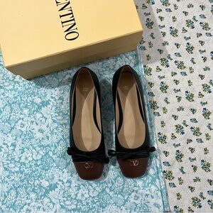 Valentino Black and Brown Bow Toe Ballet Flats